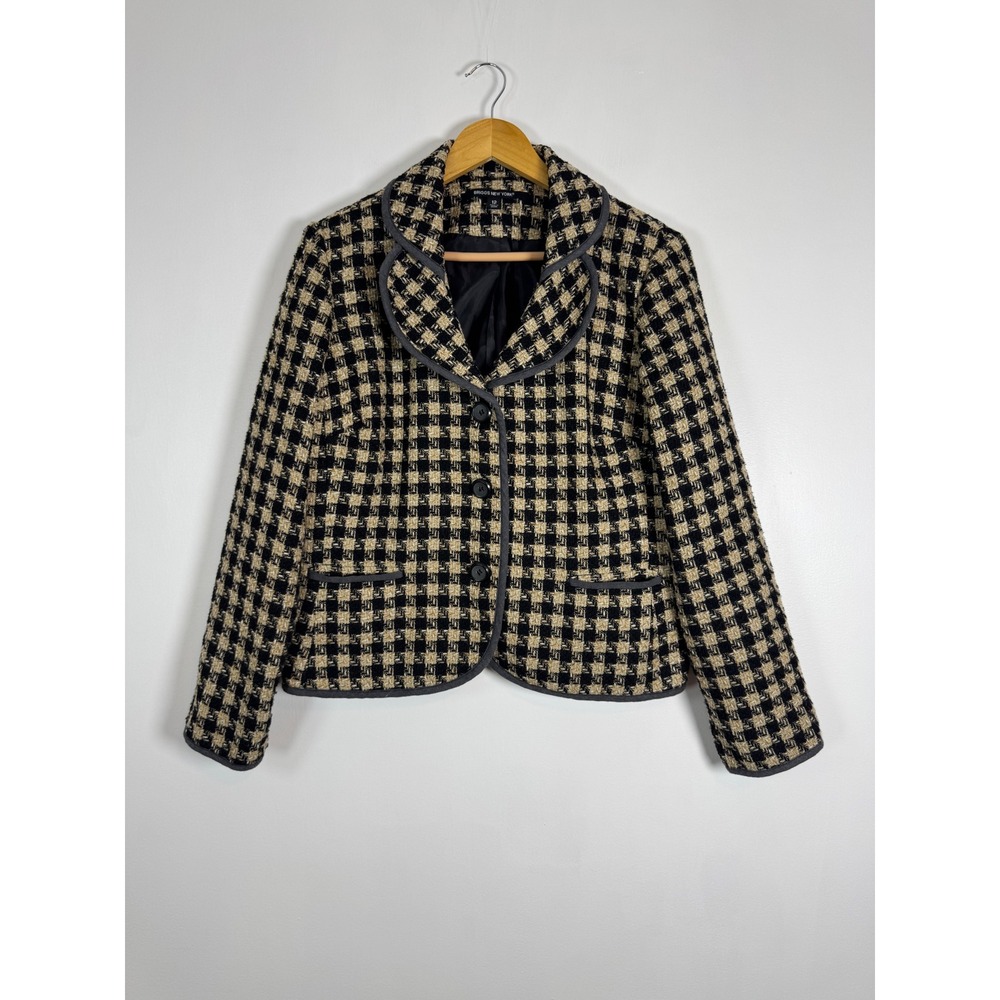 Dark Academia Briggs New York Women 12 Tweed Blazer Black Tan Check Faux Leather